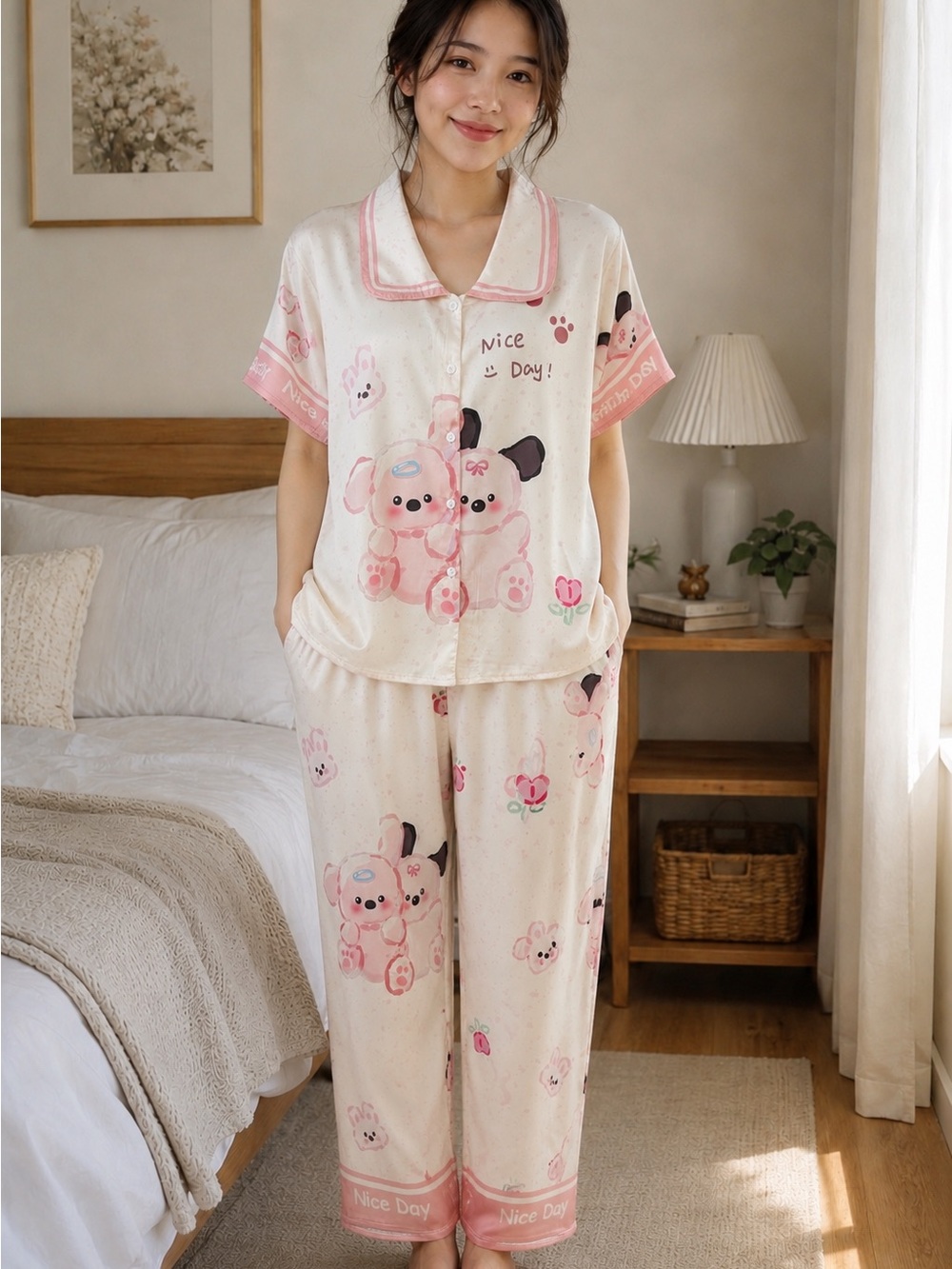 Cream & Pink Bear-Print Short Sleeve Pajama Set - Women's Cute Sleepwear